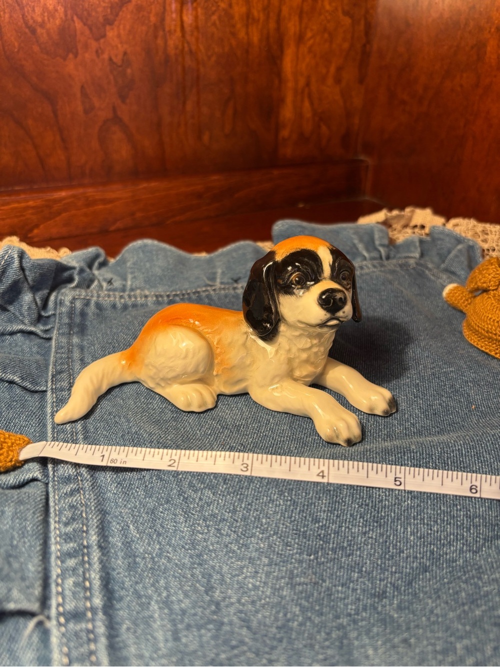 Vintage Ceramic Dog Figurine in White, Orange & Black